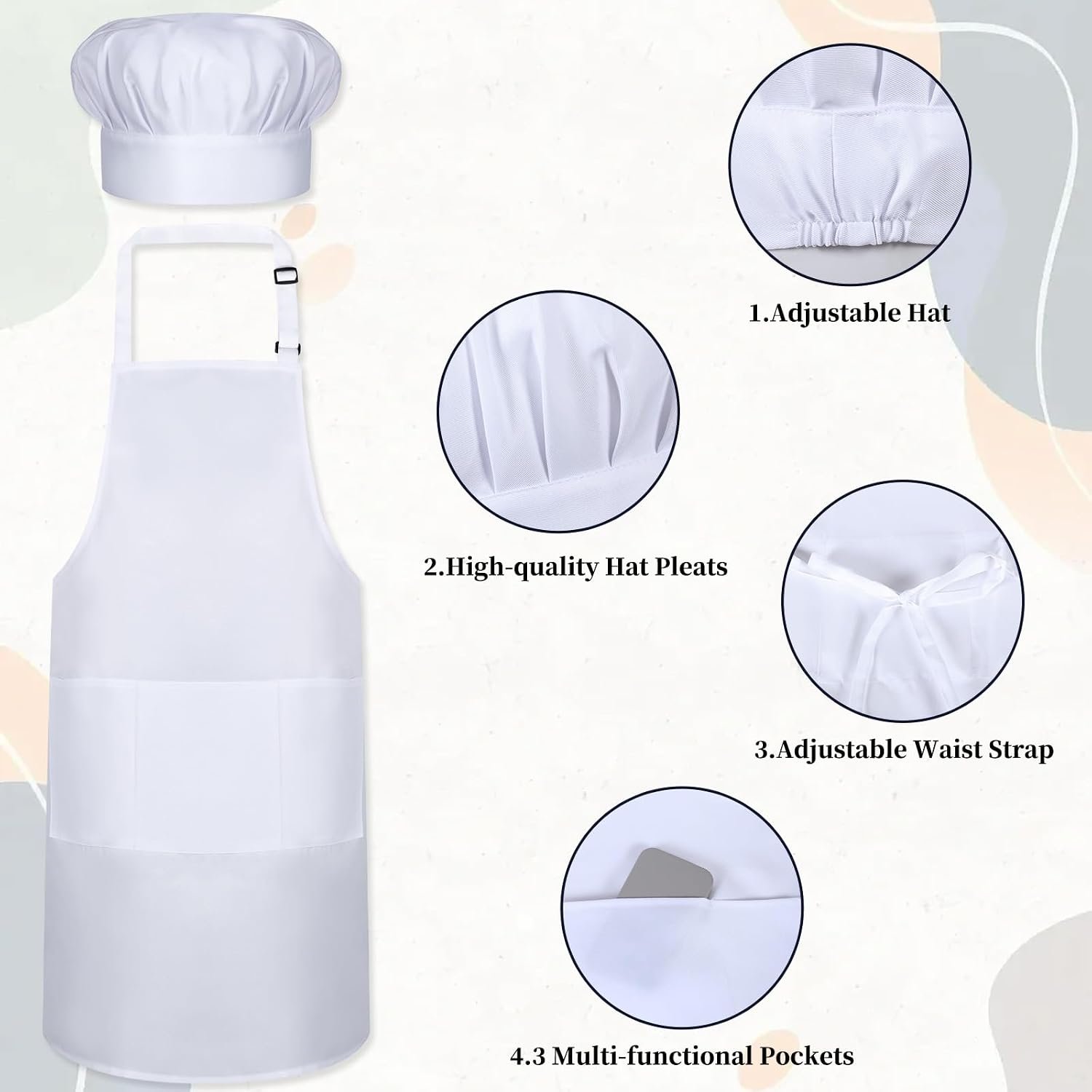 2 Pack White Chef Apron Set, Bib Apron with 3 Pockets & Adjustable Hat for Bakers, Cooking Enthusiasts & Kitchen Staff - Image 3