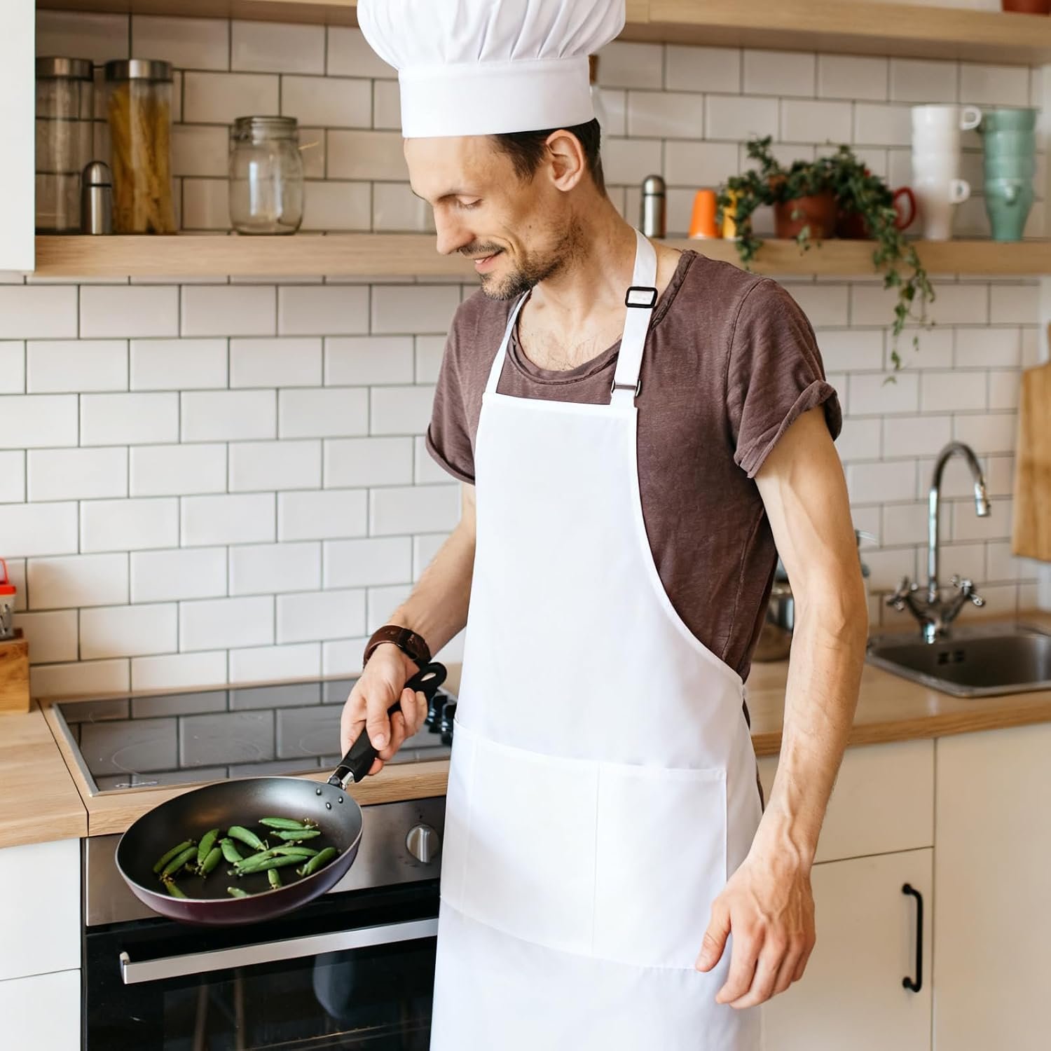 2 Pack White Chef Apron Set, Bib Apron with 3 Pockets & Adjustable Hat for Bakers, Cooking Enthusiasts & Kitchen Staff - Image 5