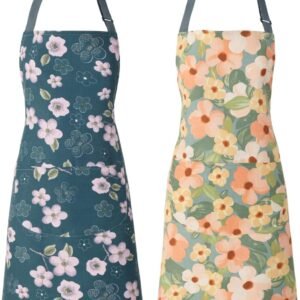 2 Pack Floral Apron for Women with Pockets, Adjustable Cotton Chef Aprons for Kitchen, Cooking, BBQ & Grill