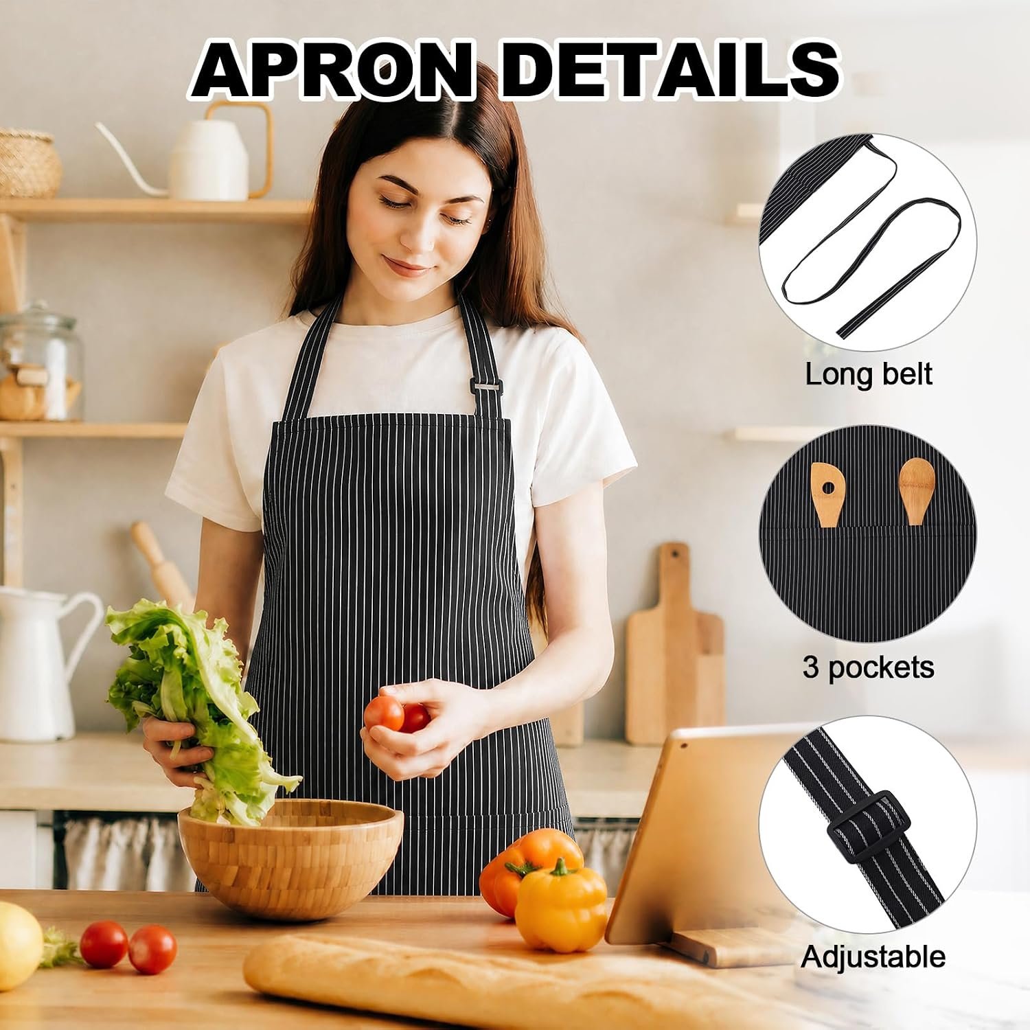 2 Pack Unisex Chef Apron Stripes Kitchen Aprons with 3 Pockets - Image 2