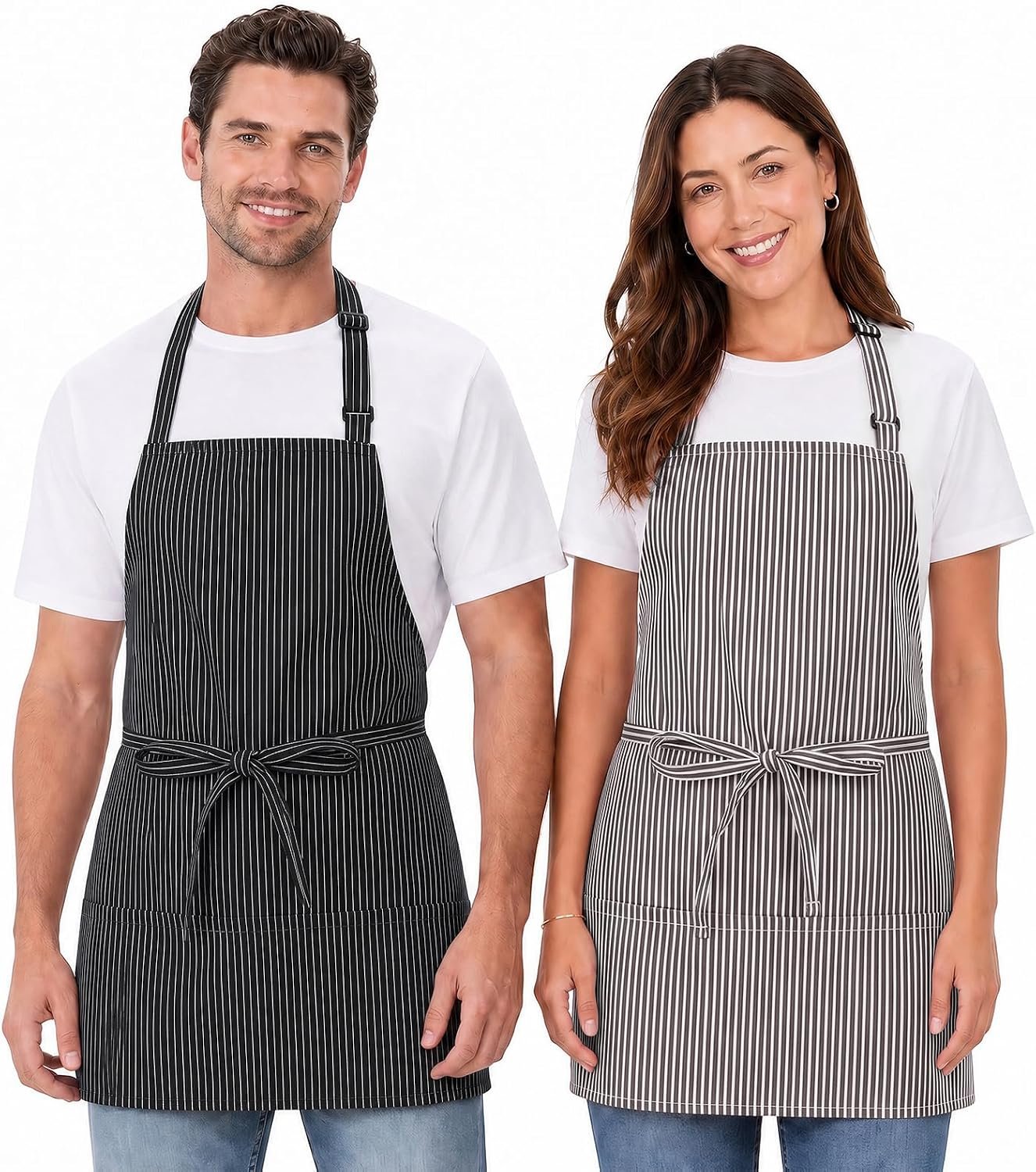 2 Pack Unisex Chef Apron Stripes Kitchen Aprons with 3 Pockets