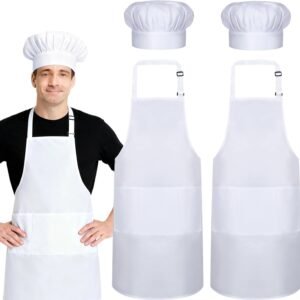 2 Pack White Chef Apron Set, Bib Apron with 3 Pockets & Adjustable Hat for Bakers, Cooking Enthusiasts & Kitchen Staff