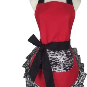 Hyzrz Cute Lace Flirty Apron with Pocket, Fun Retro Sexy Cooking Pinup Aprons for Women Girls (Red)