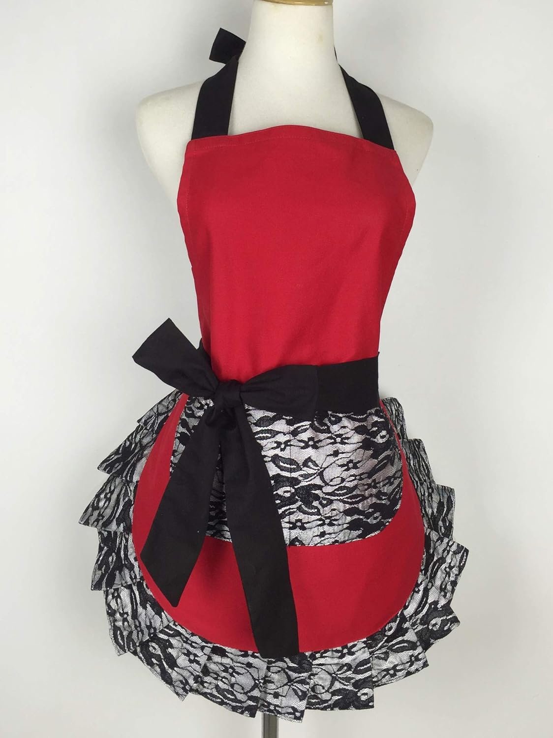 Hyzrz Cute Lace Flirty Apron with Pocket, Fun Retro Sexy Cooking Pinup Aprons for Women Girls (Red) - Image 2