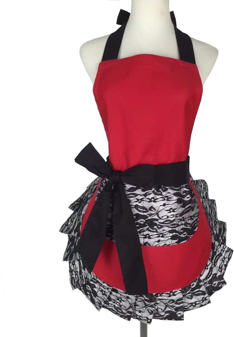 Hyzrz Cute Lace Flirty Apron with Pocket, Fun Retro Sexy Cooking Pinup Aprons for Women Girls (Red)