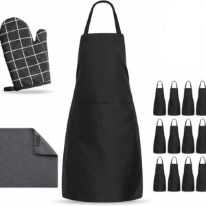 12-Pack Kitchen Aprons with Pockets, Oven Mitt & Cleaning Towel, 14-Pc Set