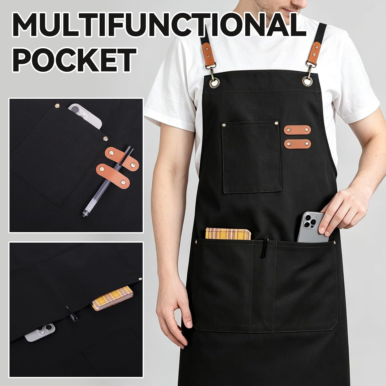 NLUS Chef Aprons for Men Women with 4 Pockets, Water Repellent Cotton Canvas Cross Back Apron - Image 5