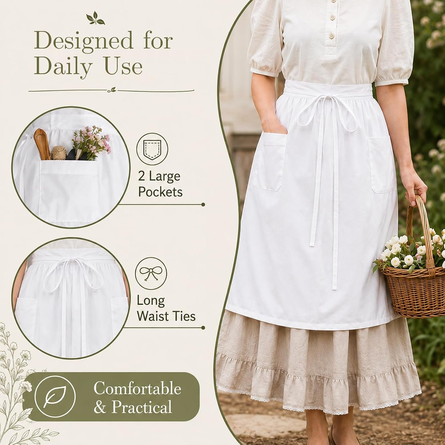 White Maid Half Apron for Women with Pocket, Vintage Ruffled Apron - Image 3