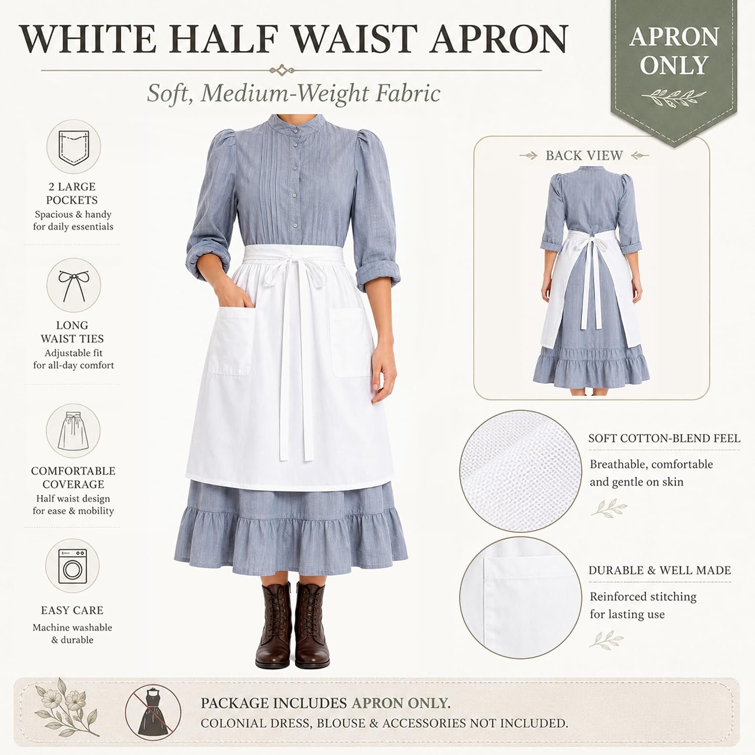 White Maid Half Apron for Women with Pocket, Vintage Ruffled Apron - Image 7