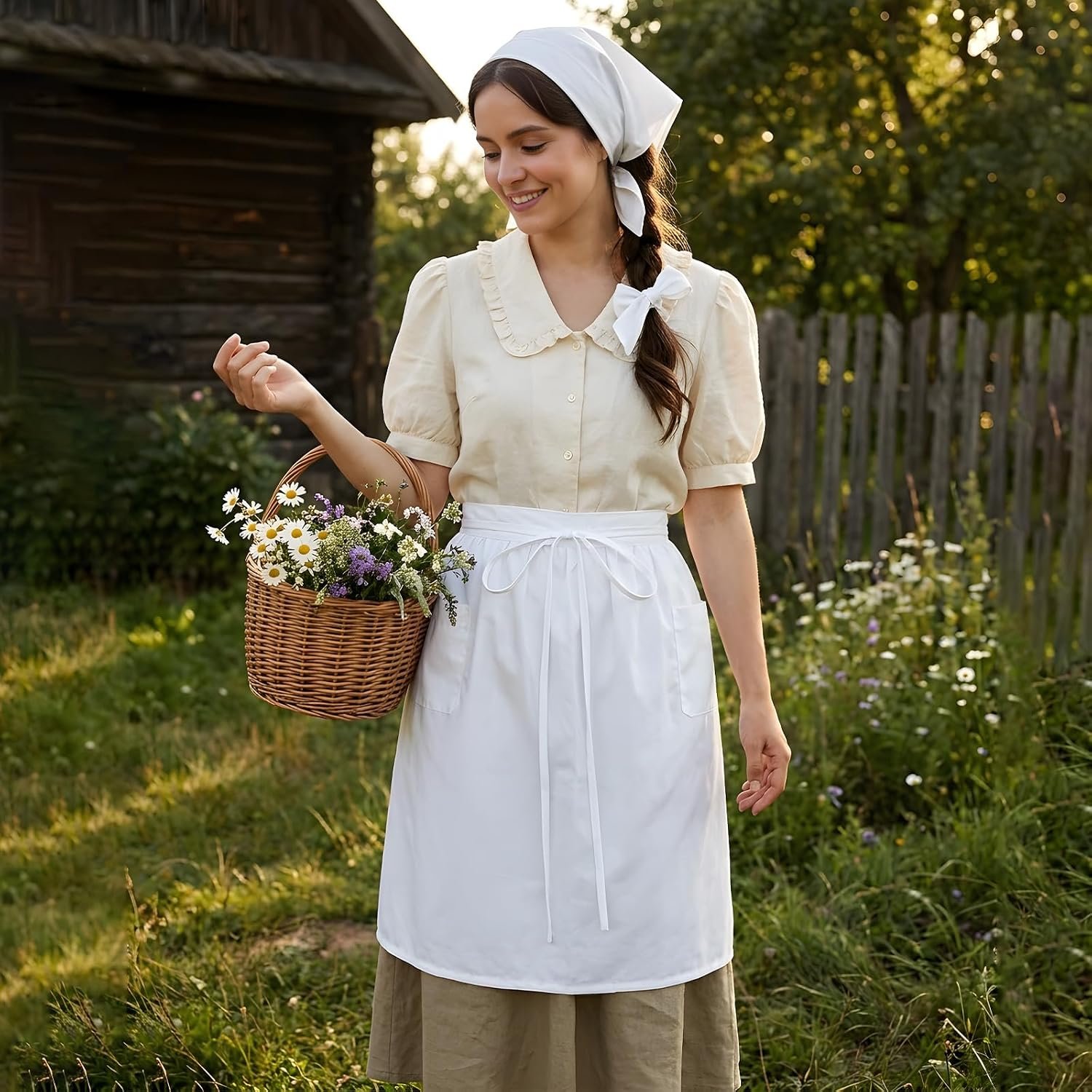 White Maid Half Apron for Women with Pocket, Vintage Ruffled Apron - Image 8