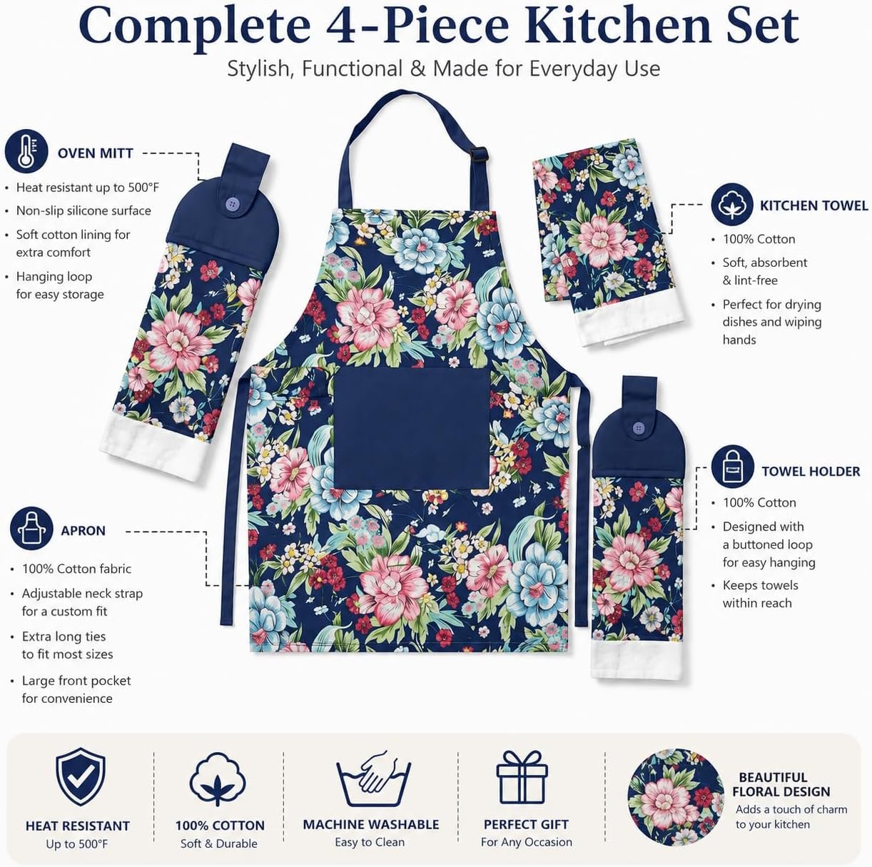 4-Piece Kitchen Linen Set, Apron, Oven Mitt & Towel Gift - Image 4