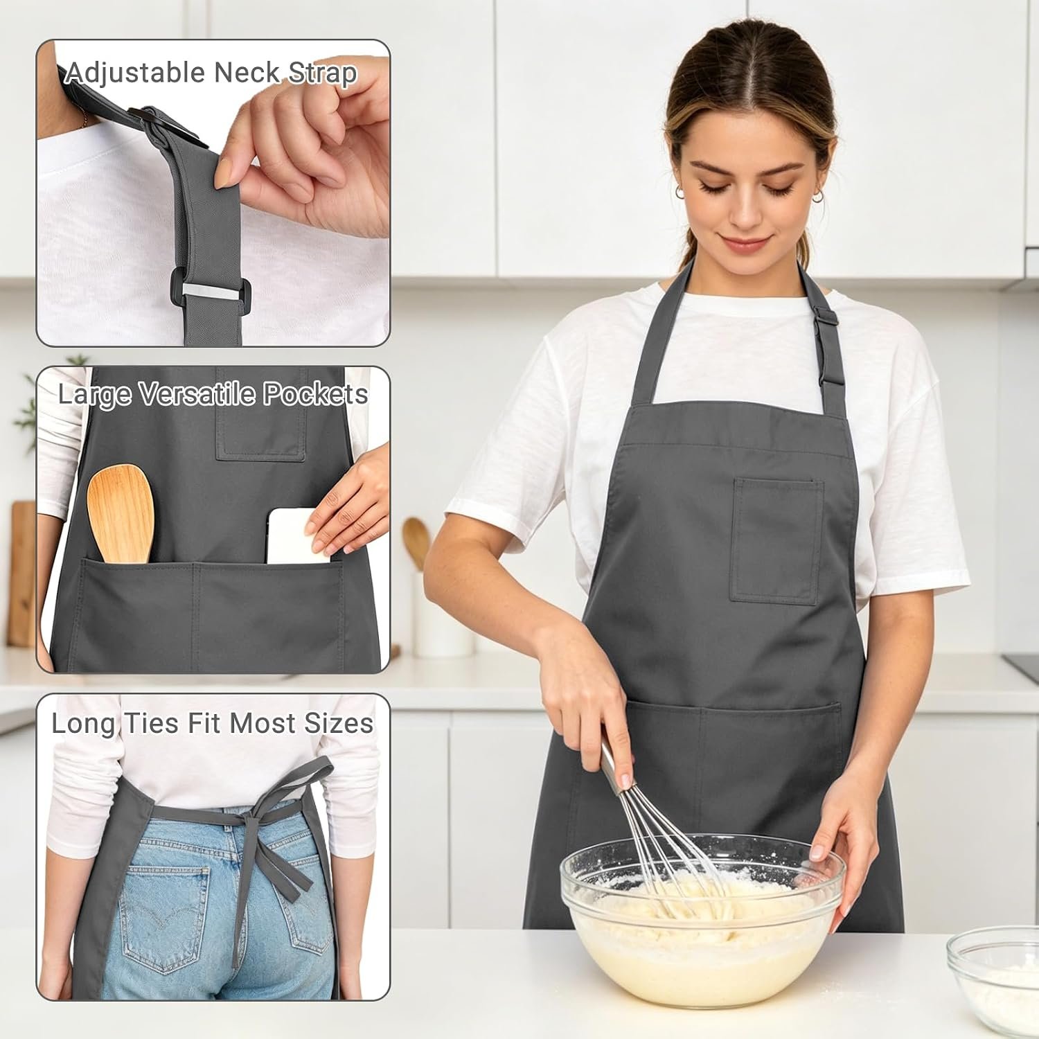 Chef Apron, Adjustable Kitchen Apron with 3 Storage Pockets - Image 3