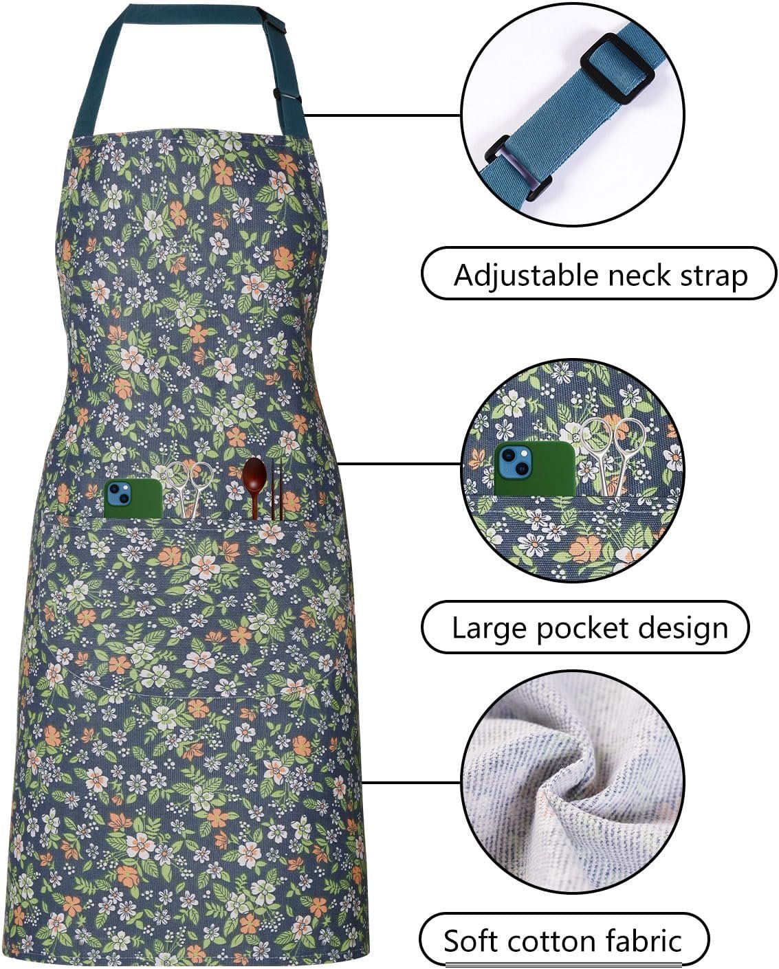 2 Pack Floral Apron for Women with Pockets, Adjustable Cotton Chef Aprons for Kitchen, Cooking, BBQ & Grill - Image 3