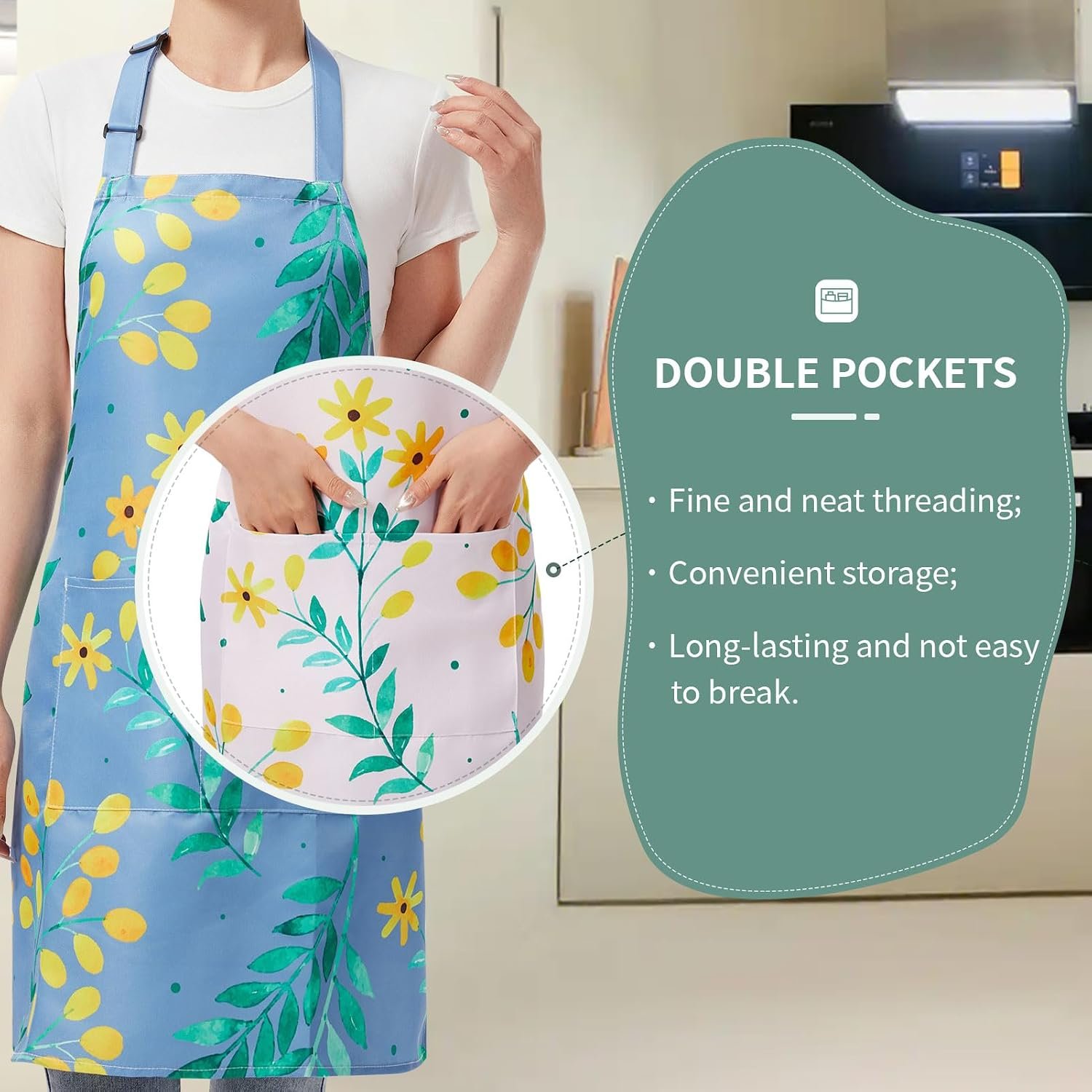 2 Pack Floral Aprons with Pocket, Blooming Womens Aprons Waterproof Adjustable Cooking Aprons for Kitchen Gardening and Salon - Image 4
