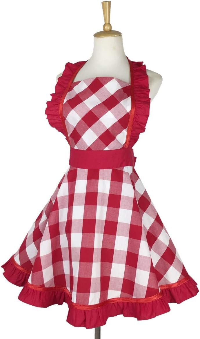 Hyzrz Lovely Retro Aprons for Women with Pocket Cotton Cooking Mother's Day Apron Dress Gift (Red Grid) - Image 3