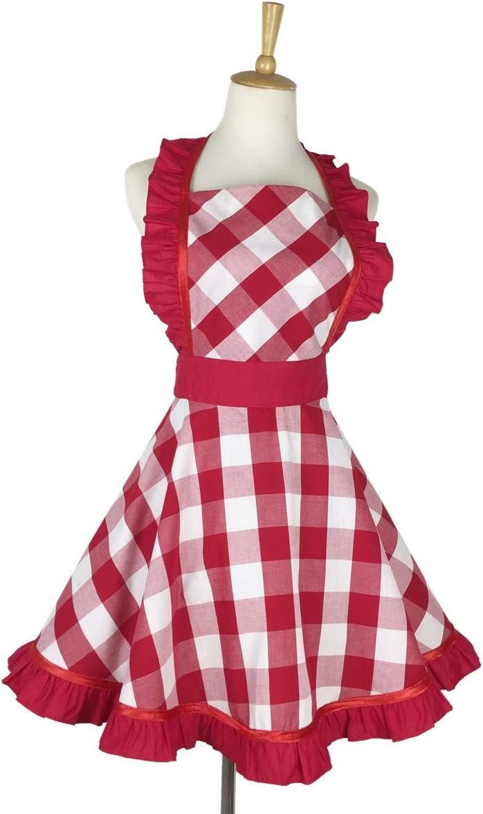 Hyzrz Lovely Retro Aprons for Women with Pocket Cotton Cooking Mother's Day Apron Dress Gift (Red Grid) - Image 4