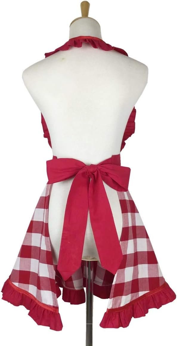 Hyzrz Lovely Retro Aprons for Women with Pocket Cotton Cooking Mother's Day Apron Dress Gift (Red Grid) - Image 6