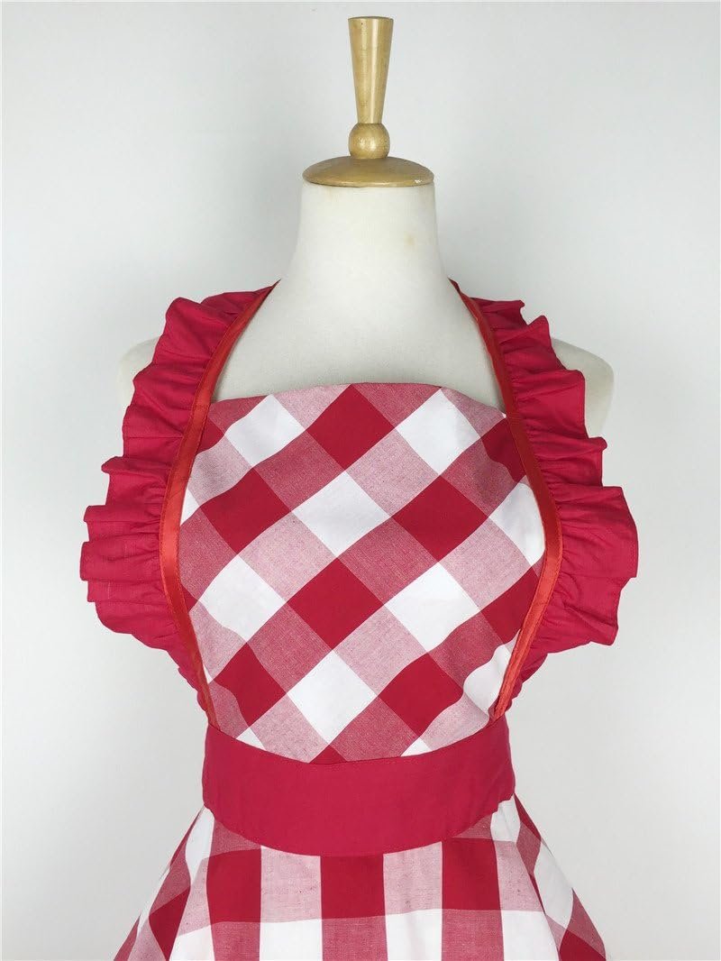 Hyzrz Lovely Retro Aprons for Women with Pocket Cotton Cooking Mother's Day Apron Dress Gift (Red Grid) - Image 7