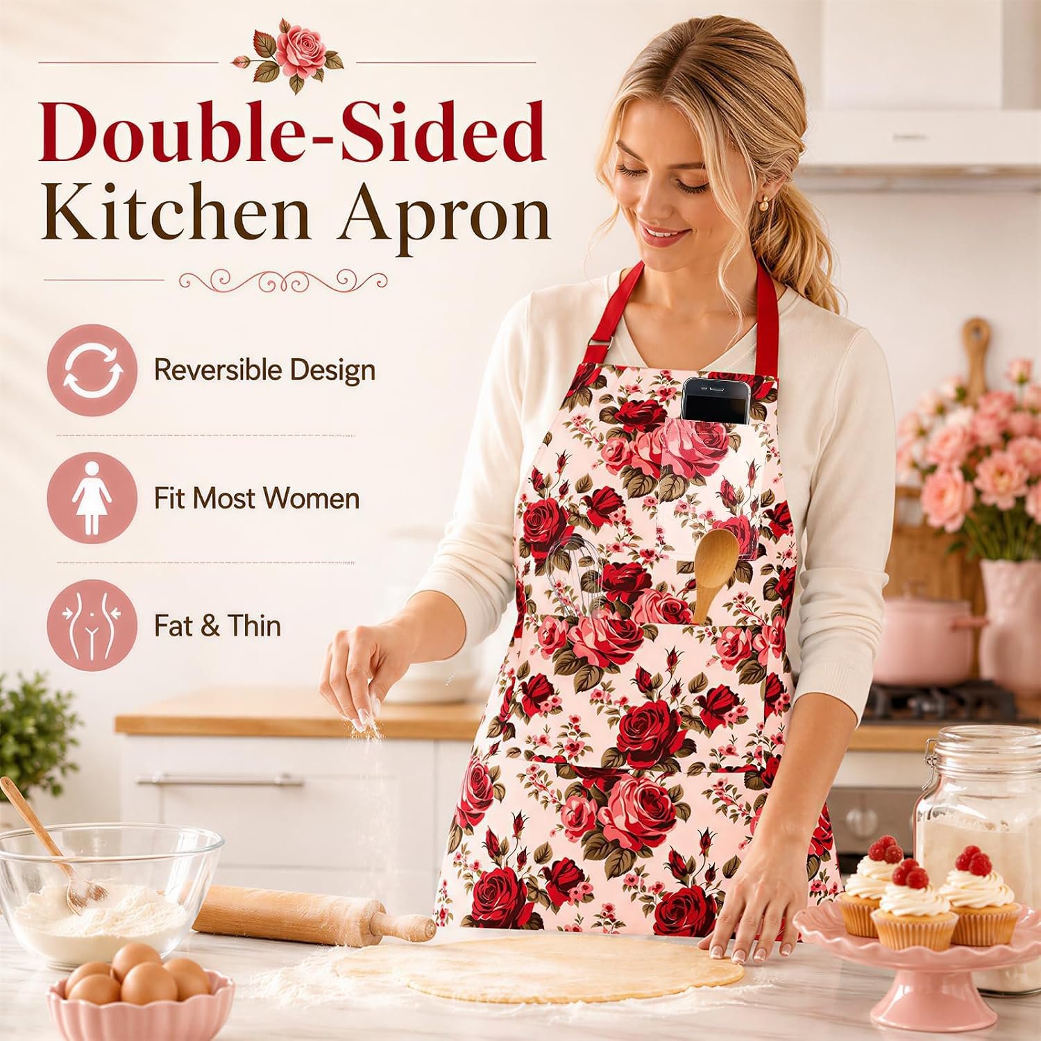 Double Sided Floral Aprons for Women with 3 Pocket - Image 5