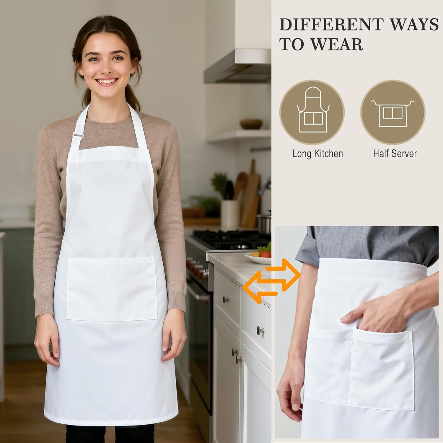 yotache Chef Apron and Hat Set, White, 1 Set (33" L x 26" W) - Image 4
