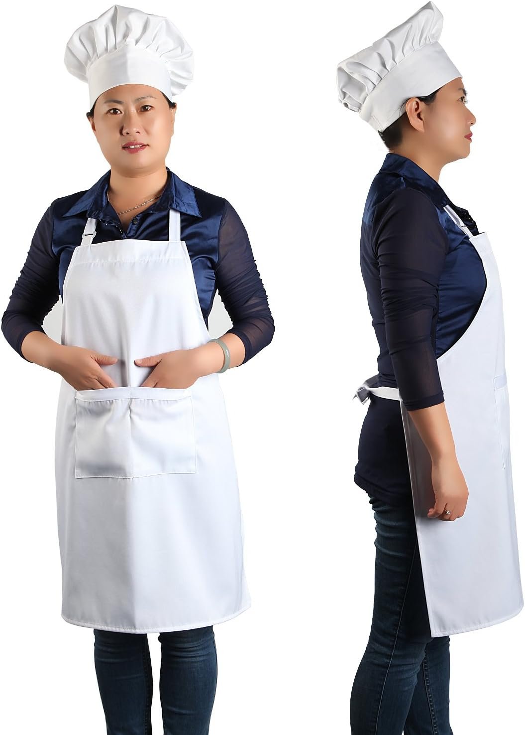 yotache Chef Apron and Hat Set, White, 1 Set (33" L x 26" W) - Image 9