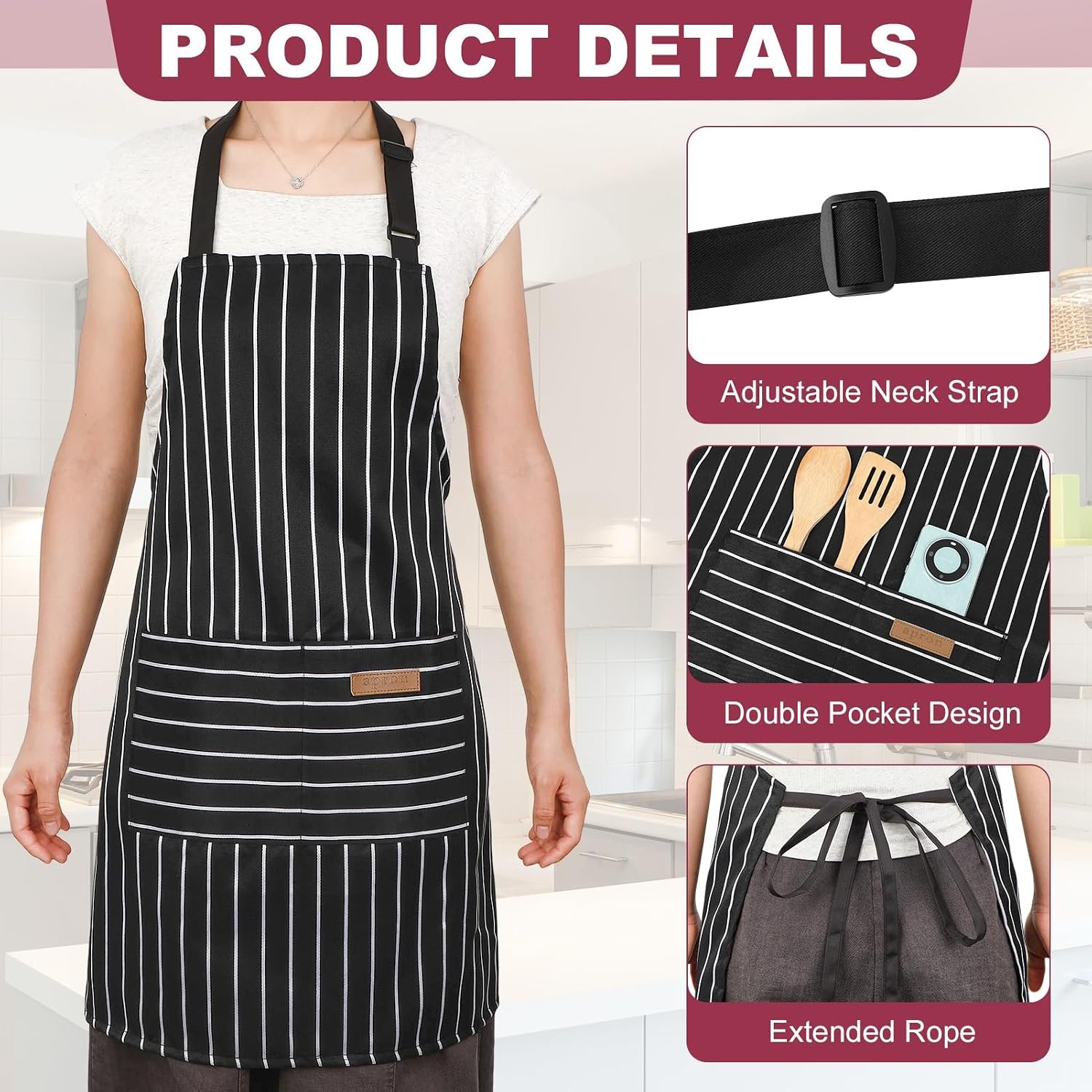 2 Pack Kitchen Cooking Aprons, Adjustable Bib Chef Apron with 2 Pockets for Women Men, for Cooking, Cleaning - Image 3