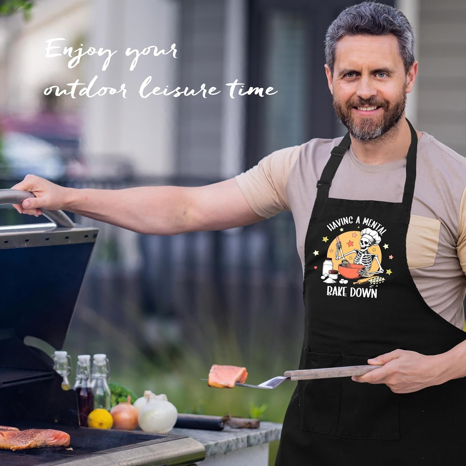 Funny Gothic Skeleton Baking Apron with Pockets, Funny Baking Gifts, Having a Mental Bake Down Waterproof Adjustable Cooking Apron for Kitchen Dishwashing Grilling - Image 3