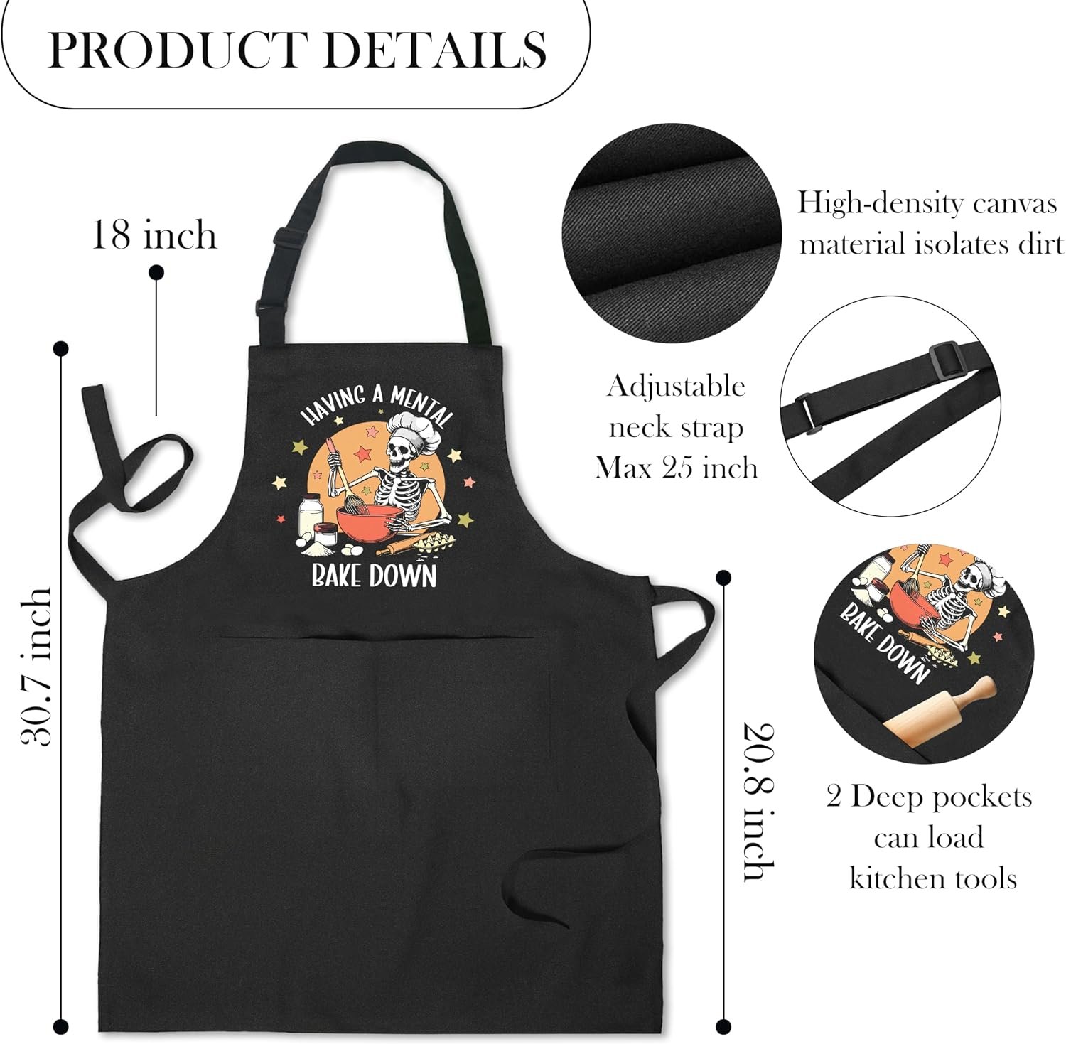 Funny Gothic Skeleton Baking Apron with Pockets, Funny Baking Gifts, Having a Mental Bake Down Waterproof Adjustable Cooking Apron for Kitchen Dishwashing Grilling - Image 6