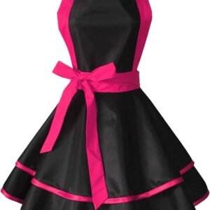 Hyzrz Lovely Handmade Cotton Retro Black Aprons for Women Girls Cake Kitchen Cook Apron for Mother's Gift (Red Rose)