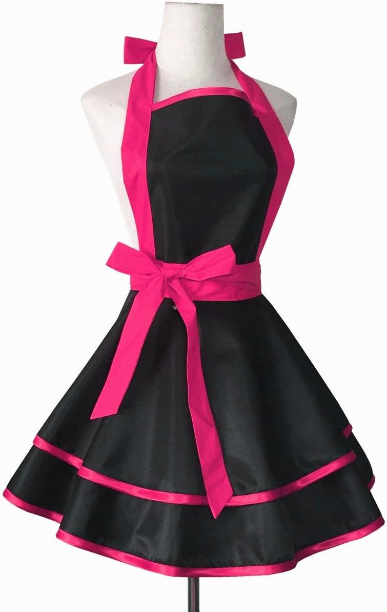 Hyzrz Lovely Handmade Cotton Retro Black Aprons for Women Girls Cake Kitchen Cook Apron for Mother's Gift (Red Rose) - Image 3