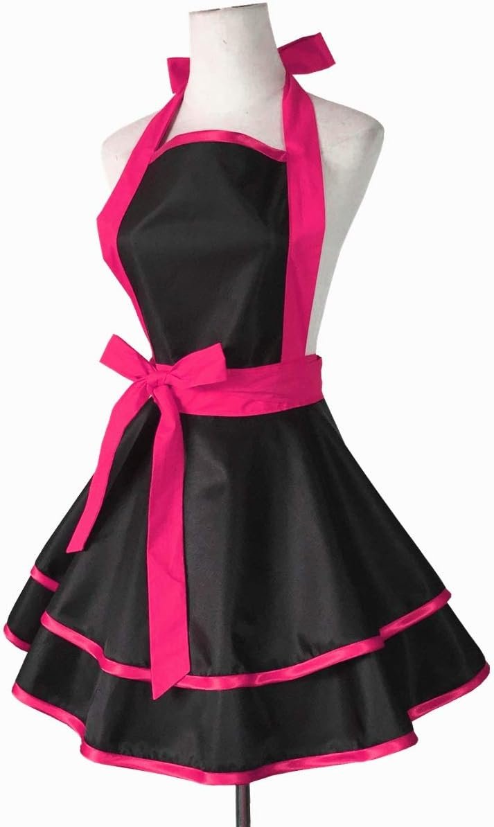 Hyzrz Lovely Handmade Cotton Retro Black Aprons for Women Girls Cake Kitchen Cook Apron for Mother's Gift (Red Rose) - Image 4
