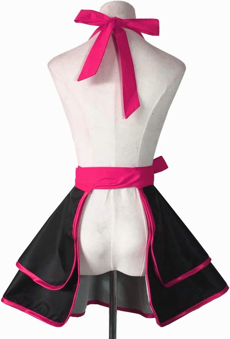 Hyzrz Lovely Handmade Cotton Retro Black Aprons for Women Girls Cake Kitchen Cook Apron for Mother's Gift (Red Rose) - Image 6