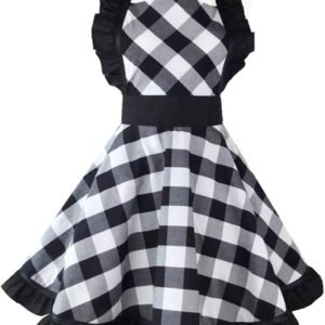 Hyzrz Lovely Retro Aprons for Women with Pocket Cotton Cooking Mother's Day Apron Dress Gift (Black Grid)
