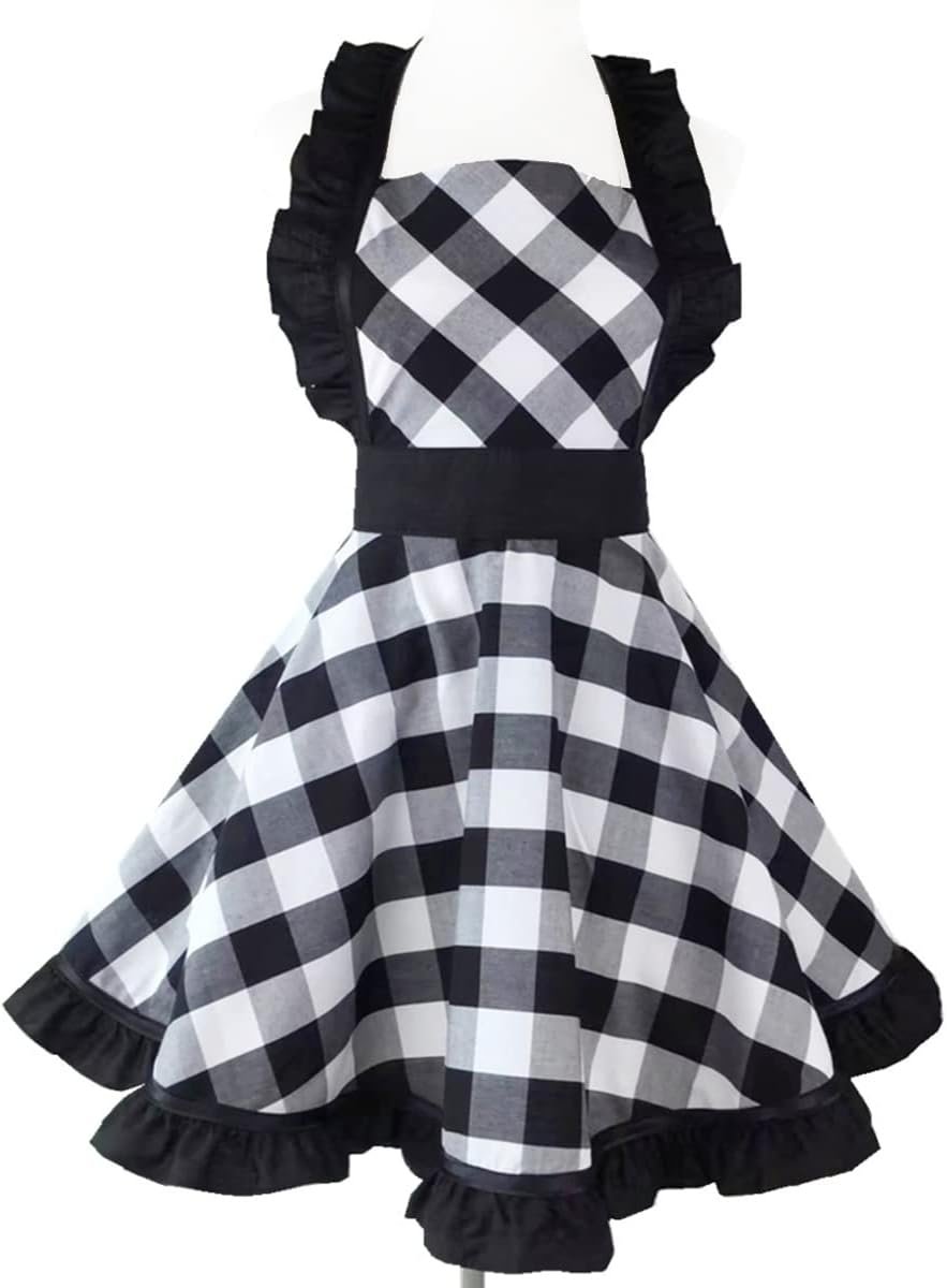 Hyzrz Lovely Retro Aprons for Women with Pocket Cotton Cooking Mother's Day Apron Dress Gift (Black Grid)
