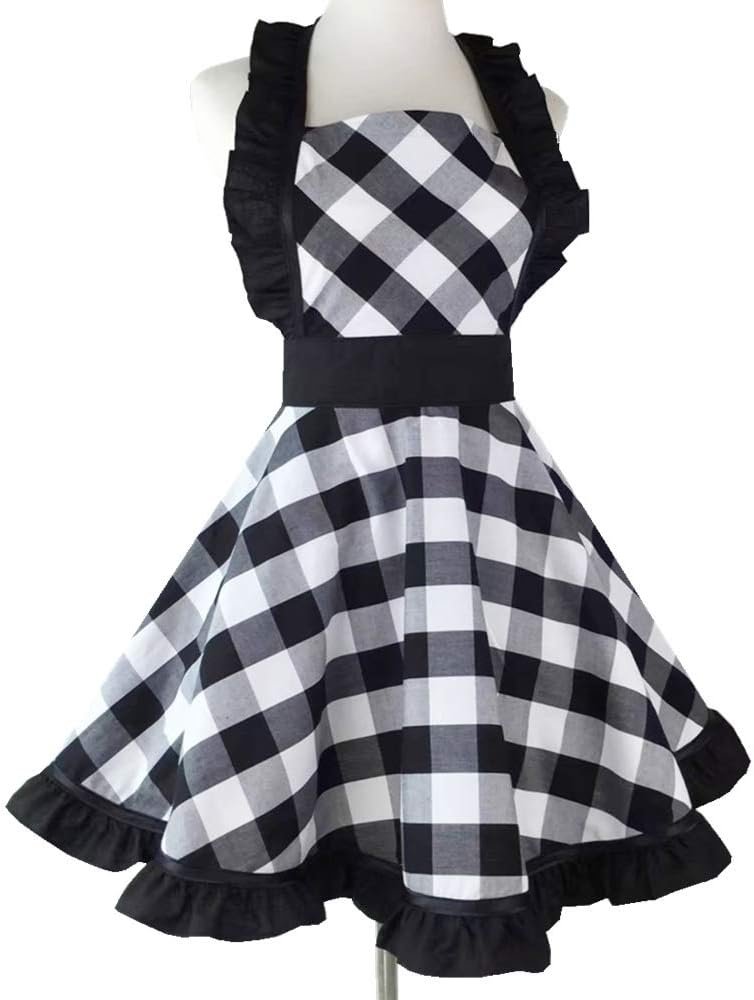 Hyzrz Lovely Retro Aprons for Women with Pocket Cotton Cooking Mother's Day Apron Dress Gift (Black Grid) - Image 3