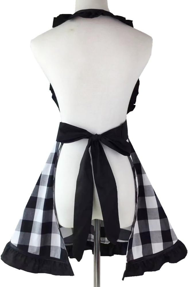 Hyzrz Lovely Retro Aprons for Women with Pocket Cotton Cooking Mother's Day Apron Dress Gift (Black Grid) - Image 4