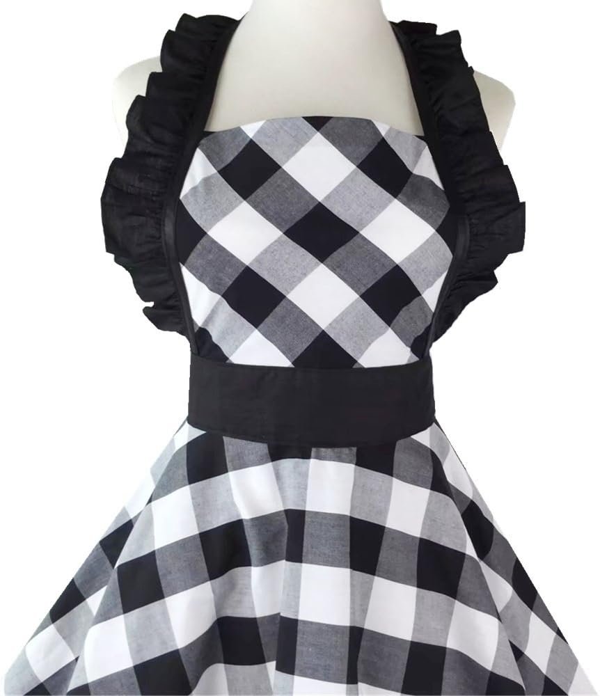 Hyzrz Lovely Retro Aprons for Women with Pocket Cotton Cooking Mother's Day Apron Dress Gift (Black Grid) - Image 5