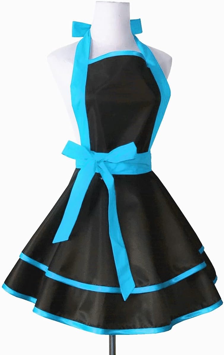 Hyzrz Lovely Handmade Cotton Retro Black Aprons for Women Girls Cake Kitchen Cook Apron for Mother's Gift (Blue) - Image 3