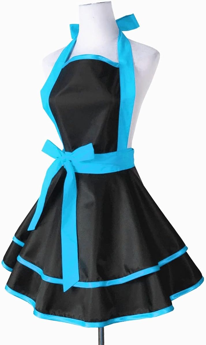 Hyzrz Lovely Handmade Cotton Retro Black Aprons for Women Girls Cake Kitchen Cook Apron for Mother's Gift (Blue) - Image 4