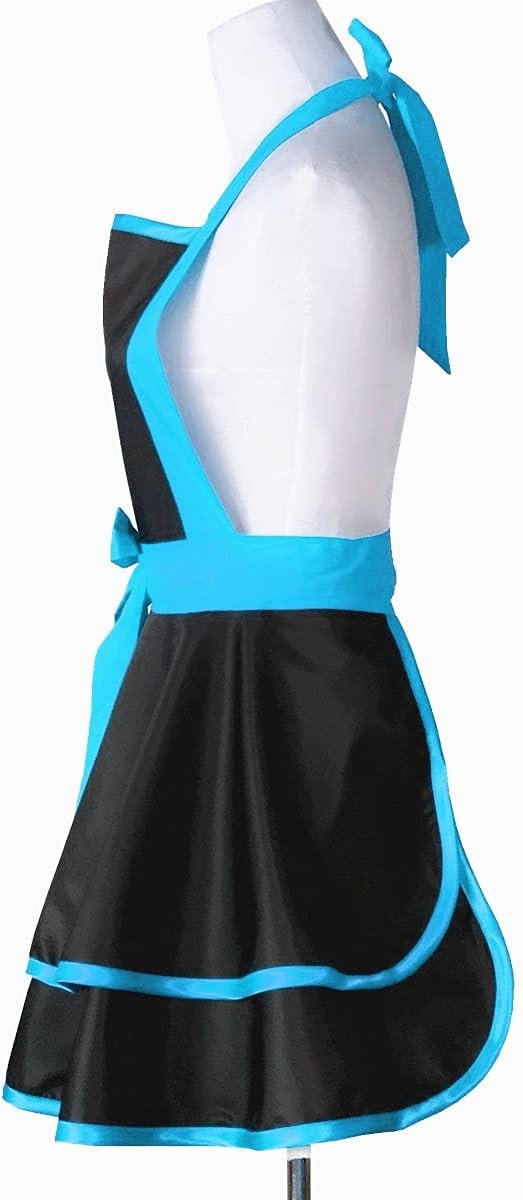 Hyzrz Lovely Handmade Cotton Retro Black Aprons for Women Girls Cake Kitchen Cook Apron for Mother's Gift (Blue) - Image 5