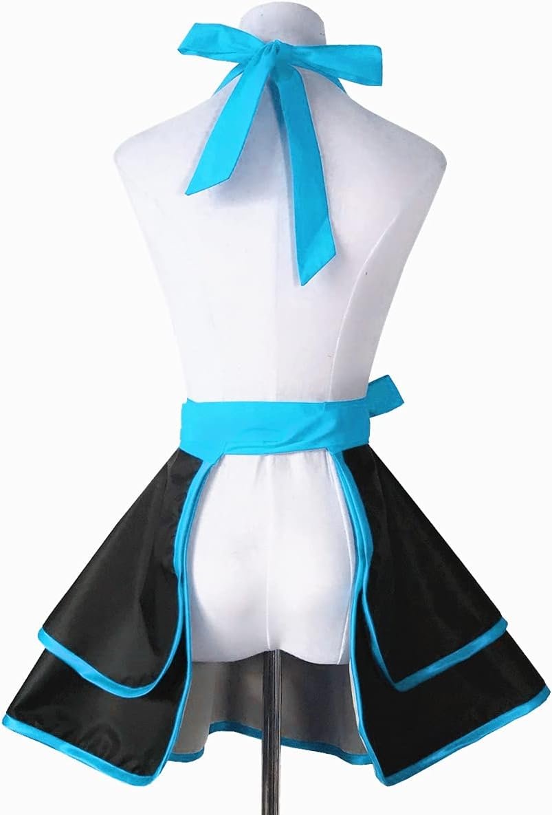 Hyzrz Lovely Handmade Cotton Retro Black Aprons for Women Girls Cake Kitchen Cook Apron for Mother's Gift (Blue) - Image 6