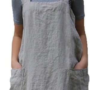 Larmliss Women's Pinafore Square Apron Baking Cooking Gardening Works Cross Back Cotton/Linen Blend Dress with 2 Pockets
