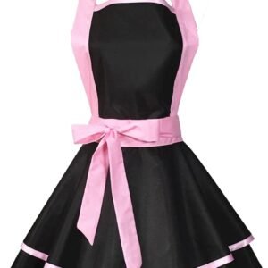 Hyzrz Lovely Handmade Cotton Retro Black Aprons for Women Girls Cake Kitchen Cook Apron for Mother's Gift (Pink)