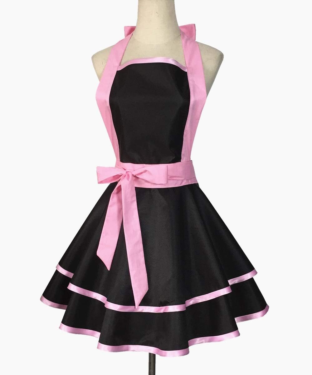 Hyzrz Lovely Handmade Cotton Retro Black Aprons for Women Girls Cake Kitchen Cook Apron for Mother's Gift (Pink) - Image 3