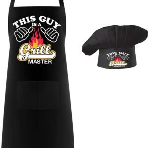 Hyzrz Chef Apron Hat Set,Adjustable Chef Hat and Apron Baker Costume with Pocket for Kitchen Grill BBQ Fathers Mothers Gift
