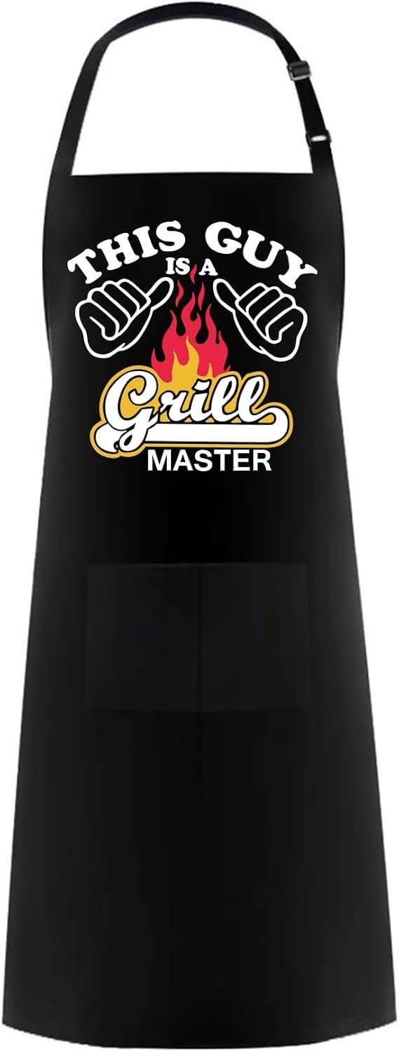 Hyzrz Funny Adjustable Aprons Baker Costume with Pocket Cook Grill BBQ Chef Apron Gifts for Fathers Mothers Day Birthday (This Guy Is A Grill Master, Black)