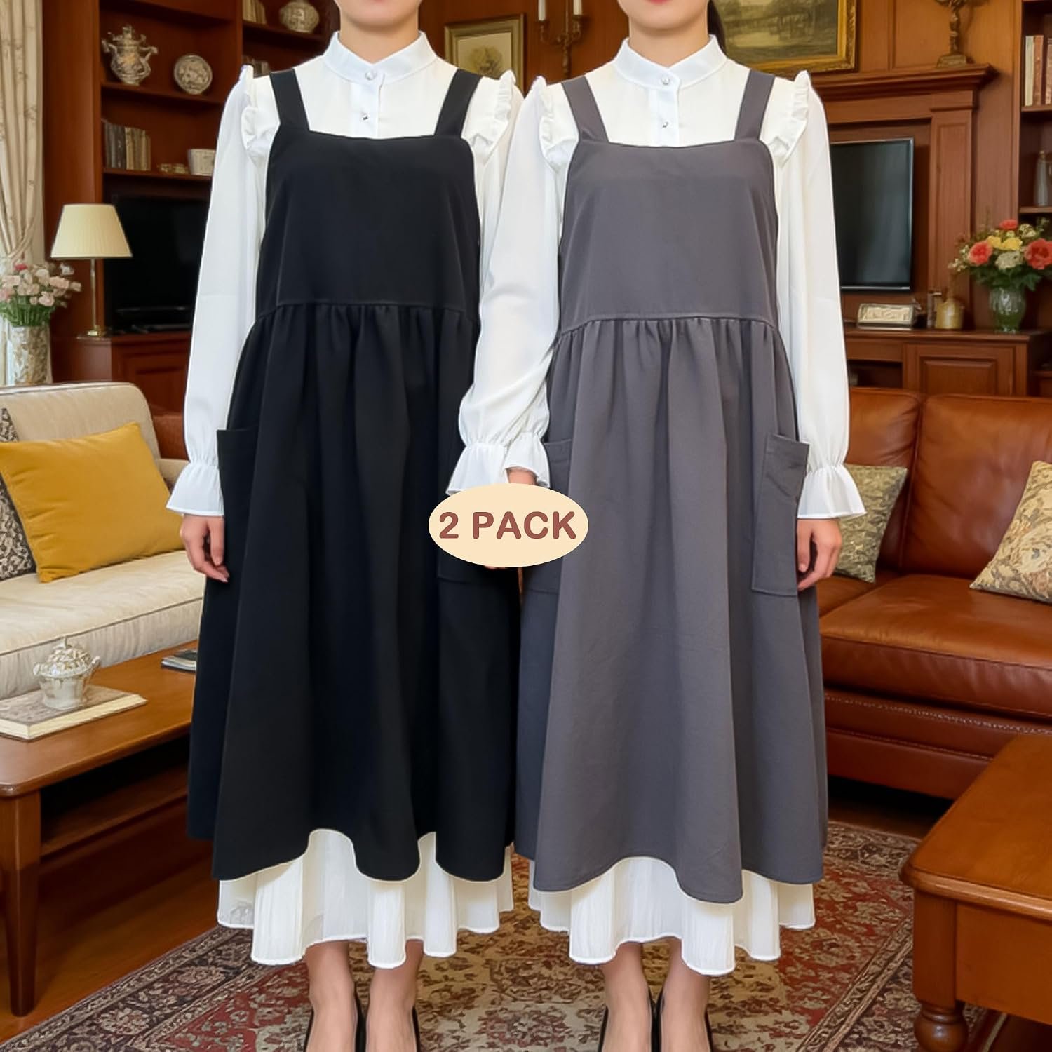 Cotton Linen Apron Cross Back Apron for Women with Pockets Pinafore Dress - Image 6