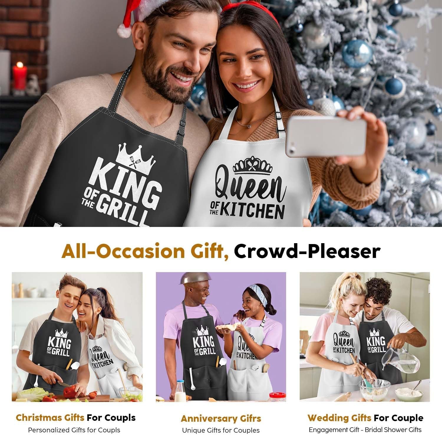 King & Queen Apron Set - Matching Couples Kitchen Aprons with Deep Pockets & Reinforced Stitching - Waterproof Professional Cooking Gear for Wedding, Engagement, Bridal Shower, Valentines, Christmas - Image 6