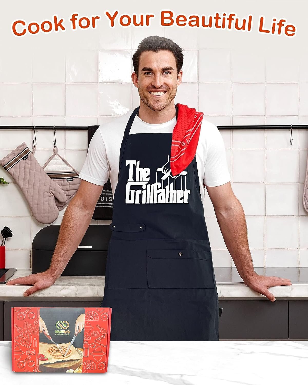 Funny Cooking Chef Apron with Pockets BBQ Kitchen Work Aprons Birthday Dad Creative Gifts - Image 3