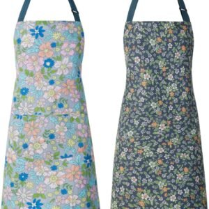 2 Pack Floral Apron for Women with Pockets, Adjustable Cotton Chef Aprons for Kitchen, Cooking, BBQ & Grill